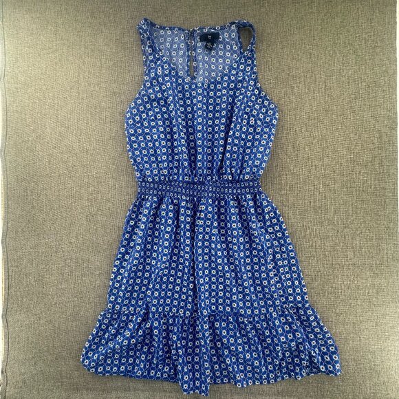 Gap Floral Dress Blue Small Sleeveless Rayon Ruffled Hem Cinched Wast - Picture 1 of 11